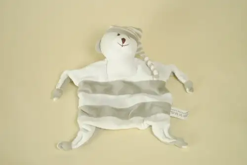 Doudou ours plat blanc rayé gris avec bonnet de nuit taupe marque Crédit Mutuel peluche bébé