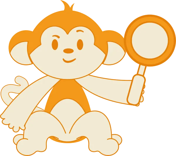 Illustration d'un singe orange tenant une loupe pour symboliser la recherche d'un doudou perdu